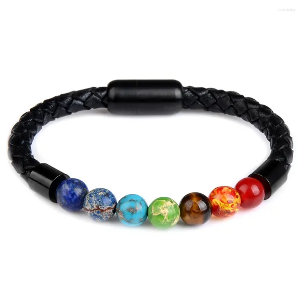 Strand acero inoxidable broche de chakra joyas al por mayor para hombres cuero negro tigre con cuentas