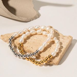 Strand Acier Inoxydable PVD 18K Plaqué Or Ternir Imperméable Perle Naturelle Perles Bracelet Pour Femme Bijoux En Gros À La Mode