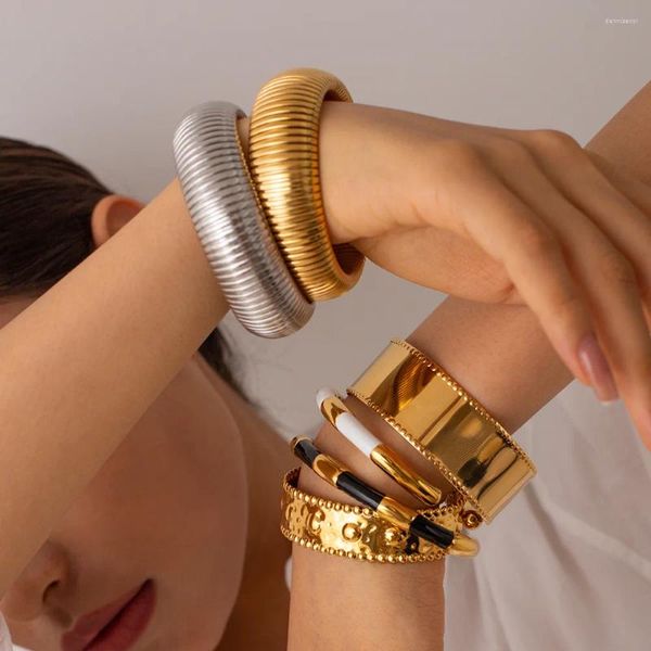 Brazaletes elásticos gruesos chapados en oro PVD de acero inoxidable de 18K para mujer, joyería al por mayor, moda 2024