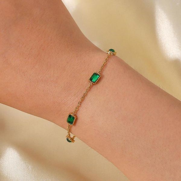 Brin en acier inoxydable PVD plaqué or 18 carats, bracelet à breloques en cristal vert étanche pour femmes, bijoux tendance, vente en gros