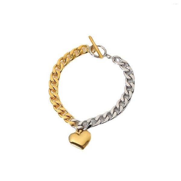 Hebra de acero inoxidable PVD 18K chapado en oro deslustre impermeable doble Color pulsera con dije de corazón para mujer joyería al por mayor de moda