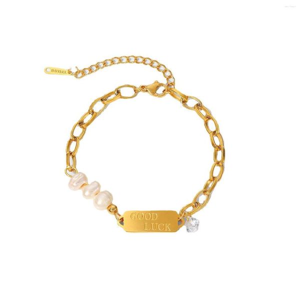 Hilo de acero inoxidable PVD 18K chapado en oro deslustre impermeable perla natural ID Charm pulsera para mujer joyería al por mayor de moda