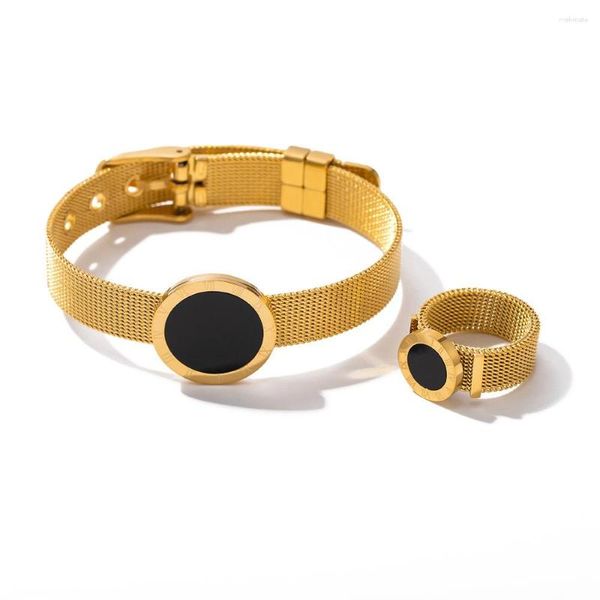 Hebra de acero inoxidable PVD 18K chapado en oro deslustre resistente al agua Balck piedra reloj banda brazalete para mujer joyería al por mayor de moda