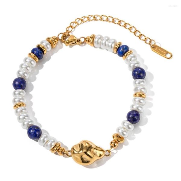 Hebra de acero inoxidable PVD 18K chapado en oro deslustre impermeable perlas azules pulsera con dijes para mujer joyería al por mayor de moda