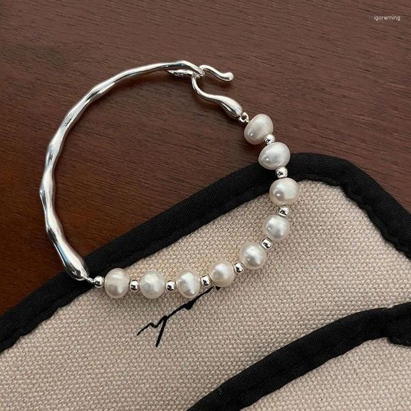 Hebra de plata de ley semibrazalete de perlas para mujer y niña, pulsera barroca irregular, estilo francés, Retro, Simple, para personas mayores, cadena de mano