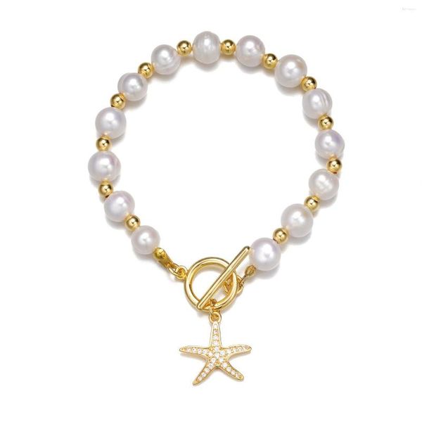 Brazalete de perlas naturales de agua dulce estilo hilo, accesorios de estrella de mar, colgante, pulsera para mujer, joyería de fiesta