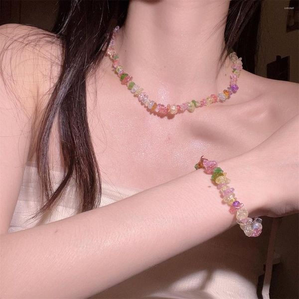 Brin d'été Style doux cristal gravier perles de verre, breloques, collier pour femmes, cadeau de fête, bijoux, vente en gros