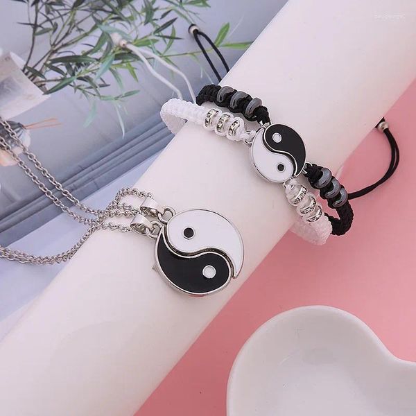 Strand Tai Chi Yin Yang Couple Bracelets Pendentif Tresse Réglable Bracelet Collier Correspondant Amant Anneaux Colliers Ensemble de Bijoux