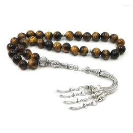 STRAND TASBIH MANNEN NATUURLIJKE Tiger Eye Stone met metalen mesaccessoires Moslim rozenkrans Islamitische gebed kralen Eid Ramadan Fashion Gifts