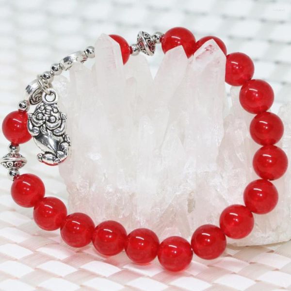 Strand Tibet Argent-couleur Accessoires Mode Naturel Rouge Jades Calcédoine Pierre 8mm Perles Rondes Bracelet Bijoux 7.5 pouces B2007