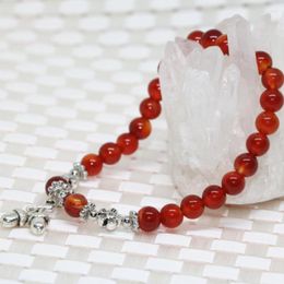 Strand Tibet Silver-color Accesorio Natural Red Agat Onyx Carnelian Stone 6mm Cuentas redondas Pulsera elástica Mujer Joyería 7.5inch B1919