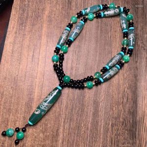 Collier tibétain en Agate verte, écailles de Dragon, glaçage craquelé avec cinq perles tibétaines, chaîne de pull ethnique, ornement suspendu