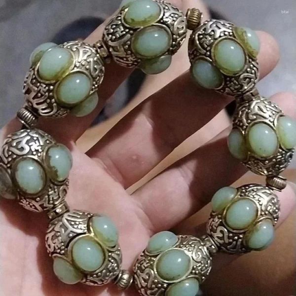 Bracelet tibétain en Jade enveloppé d'argent, Transparent, huileux, bijoux anciens, à brins