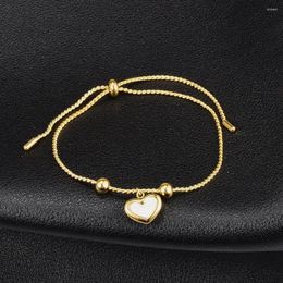 Bracelet en titane et acier plaqué or 18 carats, coquille fritillaire blanche, cœur de pêche, chaîne de perles réglable pour femmes, bijoux