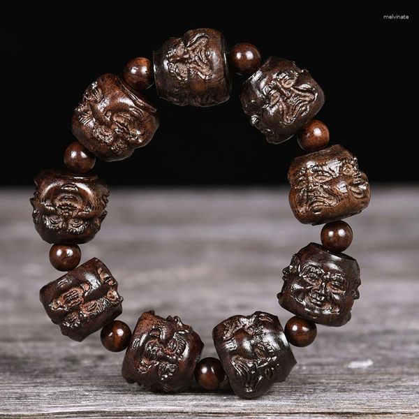 Strand To Good Craft Cuir Noir Bois Gris Sculpté Tête Perles Pixiu Main Chaîne 18 Arhats Bouddha Bracelet