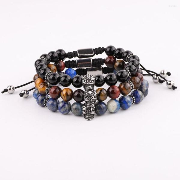 Strand TOP CALIDAD Natural Stone Acero inoxidable AGATE NEGRO AGATE GEMSTONE MACRAME Pulsera para hombres Regalo de joyería