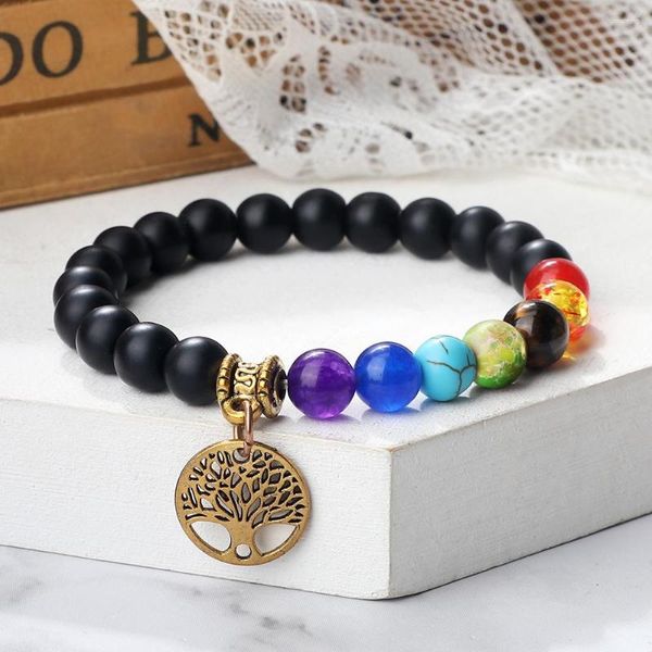 Strand Tree Of Life Pulseras colgantes Reiki Healing 7 Chakra 8mm Black Lava Tiger Eye Piedra natural Yoga Energy Jewelry para Womam Man