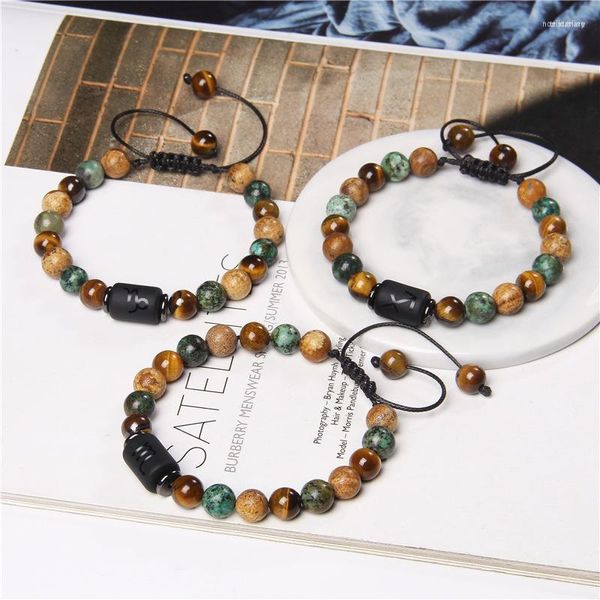 Strand Trendy 12 Constelaciones África Turquesa Piedra natural Pulseras de cuentas redondas Cuerda trenzada ajustable para Mujeres Hombres Joyería