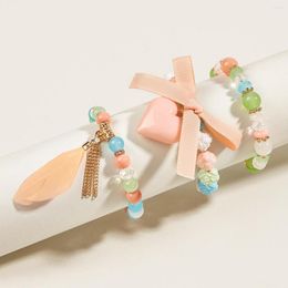 Strang Trendy 3-teiliges buntes Perlen-Armband-Set Pink Love Anhänger Mehrfarbige kleine Blume Pulseras Mujer Brazaletes