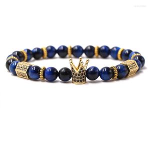 Strand Trendy 8mm Natural Blue Tiger Eye Stone Bead Bracelets Bangle Pave CZ 4 Color Crown Bracelet para MenWomen DIY Classic Jewelry