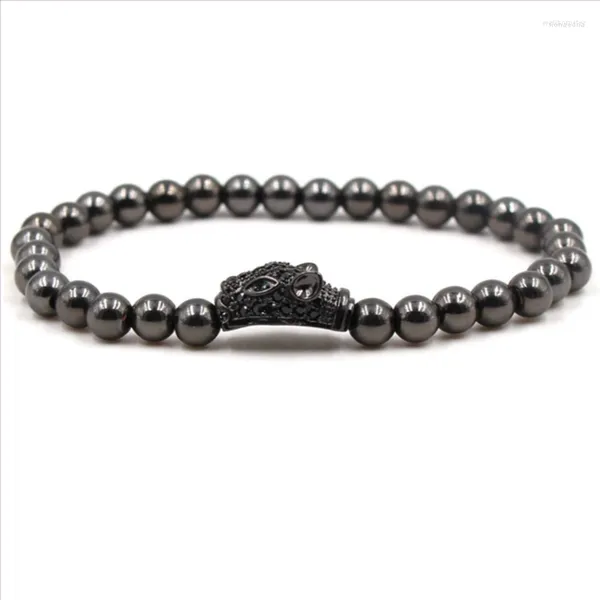 Tête de léopard plaquée pistolet noir à la mode avec zircone cubique Bracelet extensible perles de boule en métal bijoux