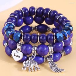 Strand Trendy Bleu Foncé Bracelets Pour Femmes Lava Stone Wing Charm Bracelet Pendentif Perles Multi Couches Bangles Party