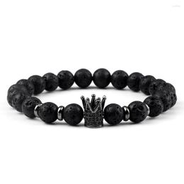 Pulseras elásticas con corona de circonia cúbica pavimentadas para hombre y mujer, pulsera elástica de 8mm con piedra de Lava negra Natural, joyería hecha a mano