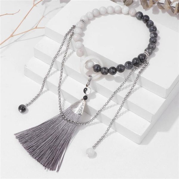 Strand à la mode Tai Chi Yin Yang Long gland pendentif Bracelets pierre naturelle Labradourites Agates hommes femmes bijoux d'amitié