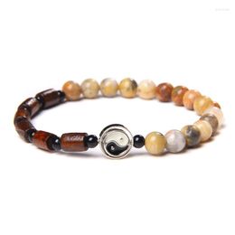 Strand Tube Rouge Bois Charme Bracelets Hommes Naturel 6 Mm Fou Agat Pierre Perles Bracelet Yin Yang Pendentif Bijoux Femmes À La Main Pulsera