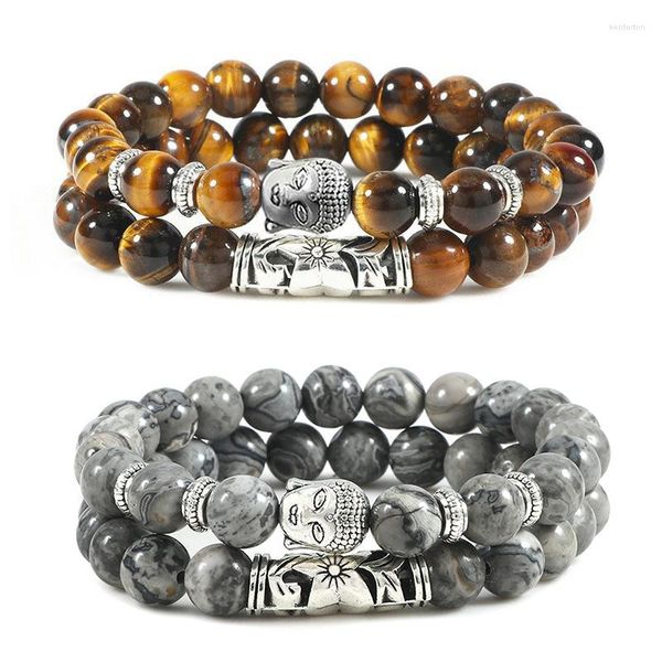 Bracelet tête de bouddha deux pièces, Distance de Couple, pierre de lave naturelle noir et blanc, oeil de tigre, corde élastique de Yoga, bijoux