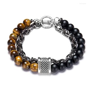 Streng uniek ontwerp natuurlijke tijger eye stone kralen heren armband top homme roestvrijstalen link ketting armbanden mannelijke geschenken drop