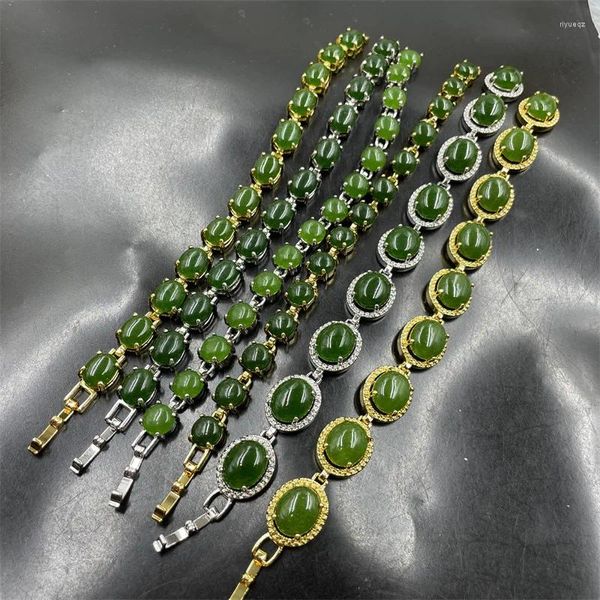 Pulsera en forma de huevo de jaspe verde espinaca con incrustaciones de revestimiento al vacío