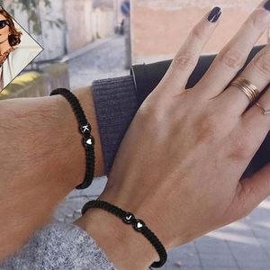 Strand Valentine Days Gifts Beaded Couple Bracelet For Men Initial Letter Adjustable Stretch Black Rope Jewelry