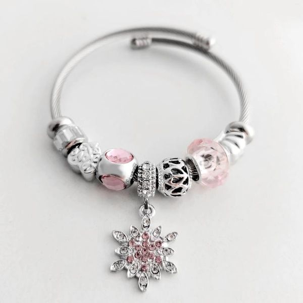 Strand Vedawas-pulsera con colgante de copo de nieve, cuentas de cristal rosa con agujero grande, joyería femenina