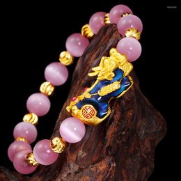 Strand Vietnam Alluvial Gold-Color Mythical Wild Animal Bracelet Transport Perle Et Oeil Obsidienne Main Chaîne De Perles Couleur Or Massif