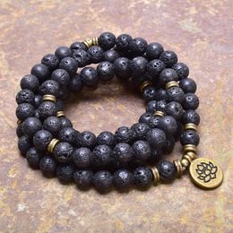 Strand Vintage 108 Mala Prière Méditation Yoga Bracelet Femmes Hommes Pierre De Lave Naturelle Perle Lotus Wrap Drop