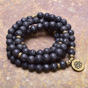STRAND VINTAGE 108 Mala Gebed Meditatie Yoga Bracelet Women Men Natural Lava Stone Bead Lotus Wrap Drop