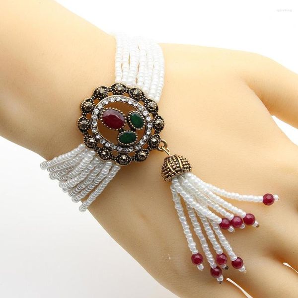 Strand Vintage Bracelet Perlé Femmes Fleur Ronde Résine Bijoux MultiChain Perles Bracelets Antique Or Couleur Gypsy Mariée Cadeau