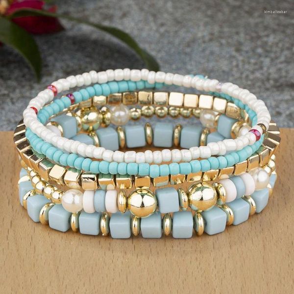 Strand Vintage Boho Multi-couche Graines Bracelet Bracelet Bracelets de mode de couleur bleu et blanc pour les femmes