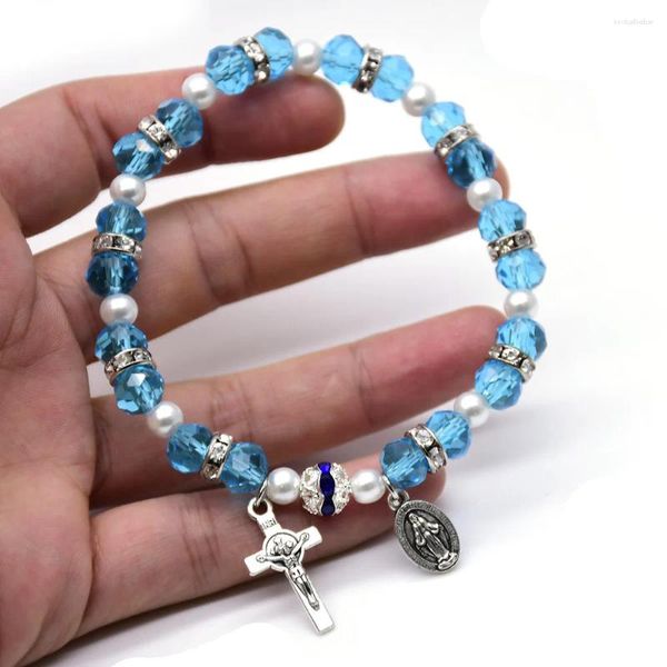 Strand Vintage Católico Jesús Cross Pulsera Azul Crystal Pulseras estiradas con cuentas para mujeres Regalos religiosos