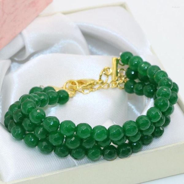 Strand Vintage exquis vert pierre naturelle calcédoine Jades facettes rondes 6mm 3 rangées Bracelets fermoirs de luxe bijoux 7.5 pouces B2790