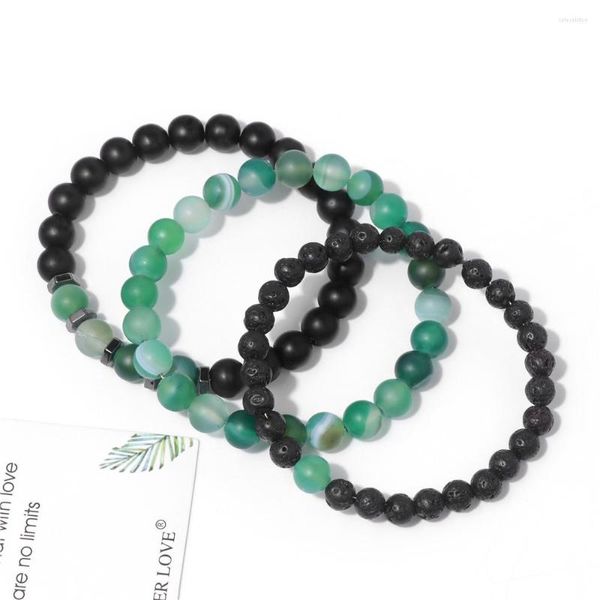 Pulseras de cuentas de ágatas a rayas verdes Vintage para hombre, pulsera budista de Lava de ónix negro a la moda, joyería