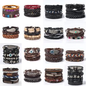 Ensemble de bracelets en cuir multicouches Vintage pour hommes, style gothique, crâne, étoile, œil, aile, cordon de cire en métal, bijoux, vente en gros