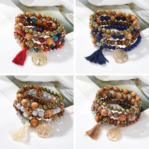 Pulsera multicapa con borlas Vintage para mujer, conjunto de abalorios de árbol de la vida, estilo bohemio, cuentas de madera de imitación turquesa