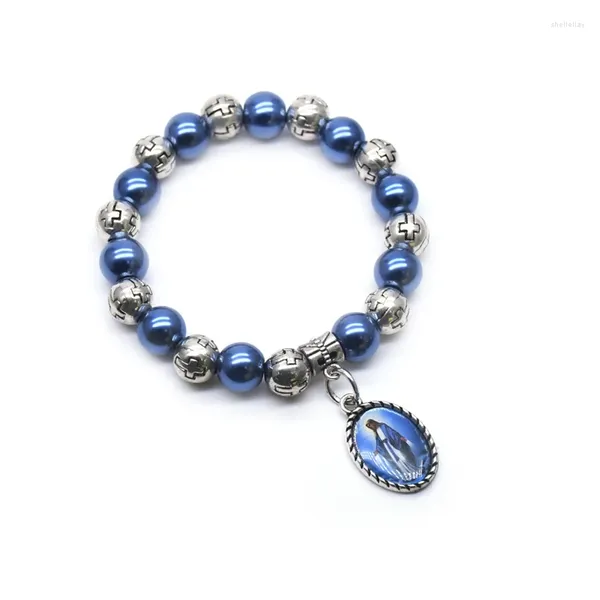 Bracelets chapelet pendentif vierge, perles en plastique élastiques, bijoux religieux