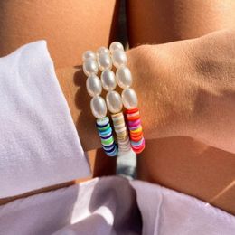 Strand Vlen Natuurlijke Zoetwater Parels Armband Voor Vrouwen Polymeer Klei Disc Kralen Armbanden Zomer Strand Stapelbare Stretch Sieraden