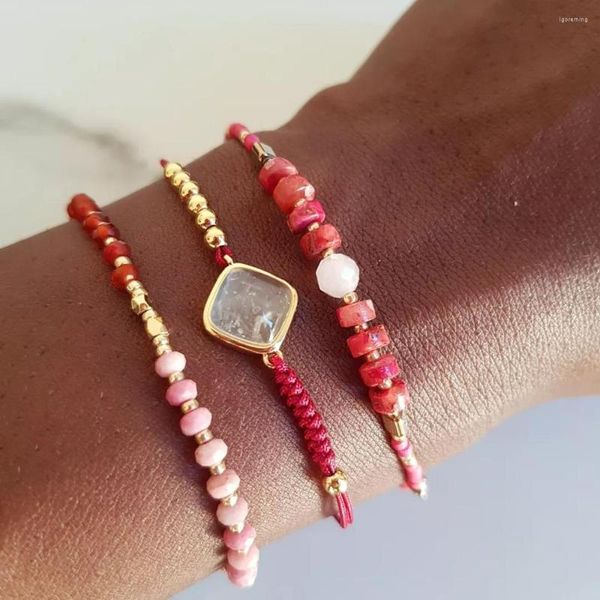 Strand Vlen, pulsera de piedra Natural plana roja, Pulseras de hilo de cuentas de cristal Miyuki para mujer y niña, Pulseras delicadas, joyería, regalo de cumpleaños