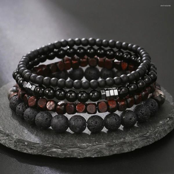 Strand piedra volcánica negro esmerilado biliar pulsera de cuentas de madera conjunto para hombres mujeres Hip Hop estiramiento al por mayor