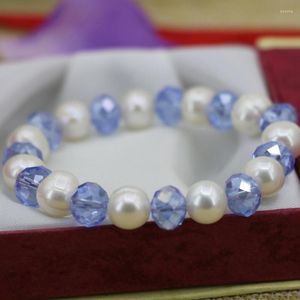 STRAND WIT 10-11 MM NATUURLIJKE DRAAD PEARL PAREL PARDS Elastische Bracelet Women Blue Crystal Unieke DIY-sieraden 7,5 inch B3130