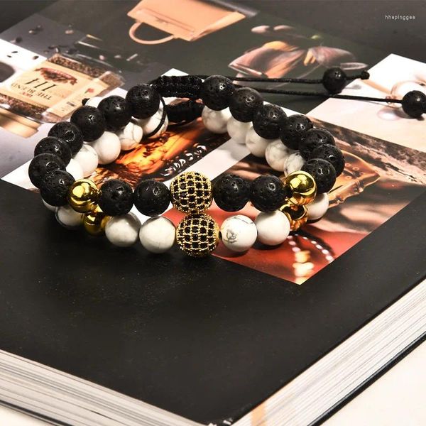 Bracelet de tresse noire blanche à brin pour couple 2pcs Volcano Stone Turquoise Matching Handmade Jewelry Gift